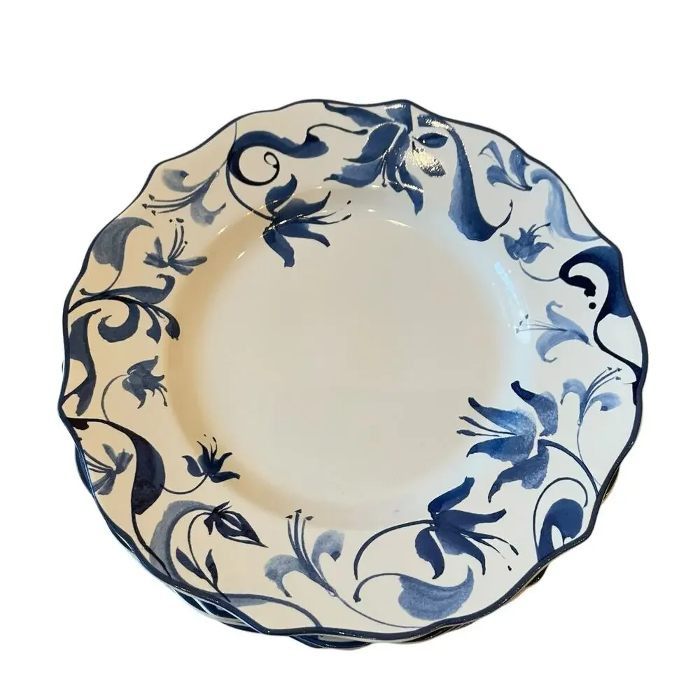 New 222 Fifth AYLA Blue Floral Porcelain 8.5in Salad Plates Scalloped Set of 4